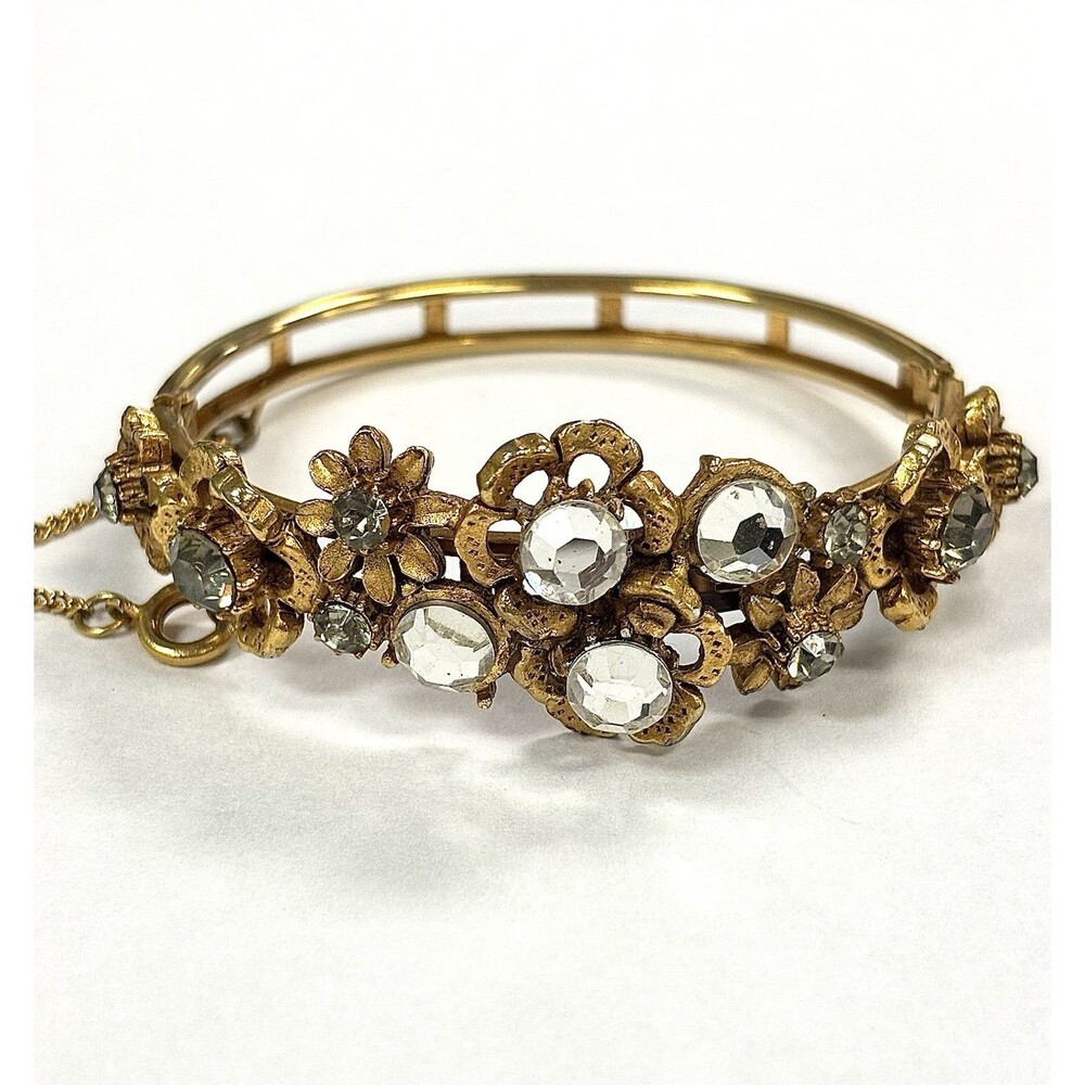 Rare Vintage Signed FLORENZA Floral Rhinestone Hinged Bangle Bracelet Gold HTF